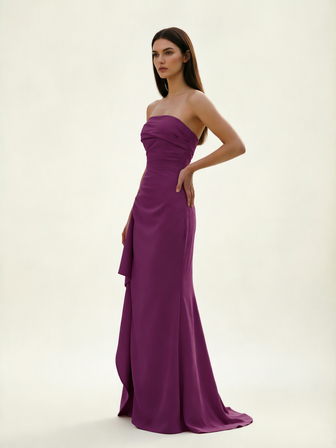 Strapless Mermaid Formal Gown with Side Slit & Draped Detail