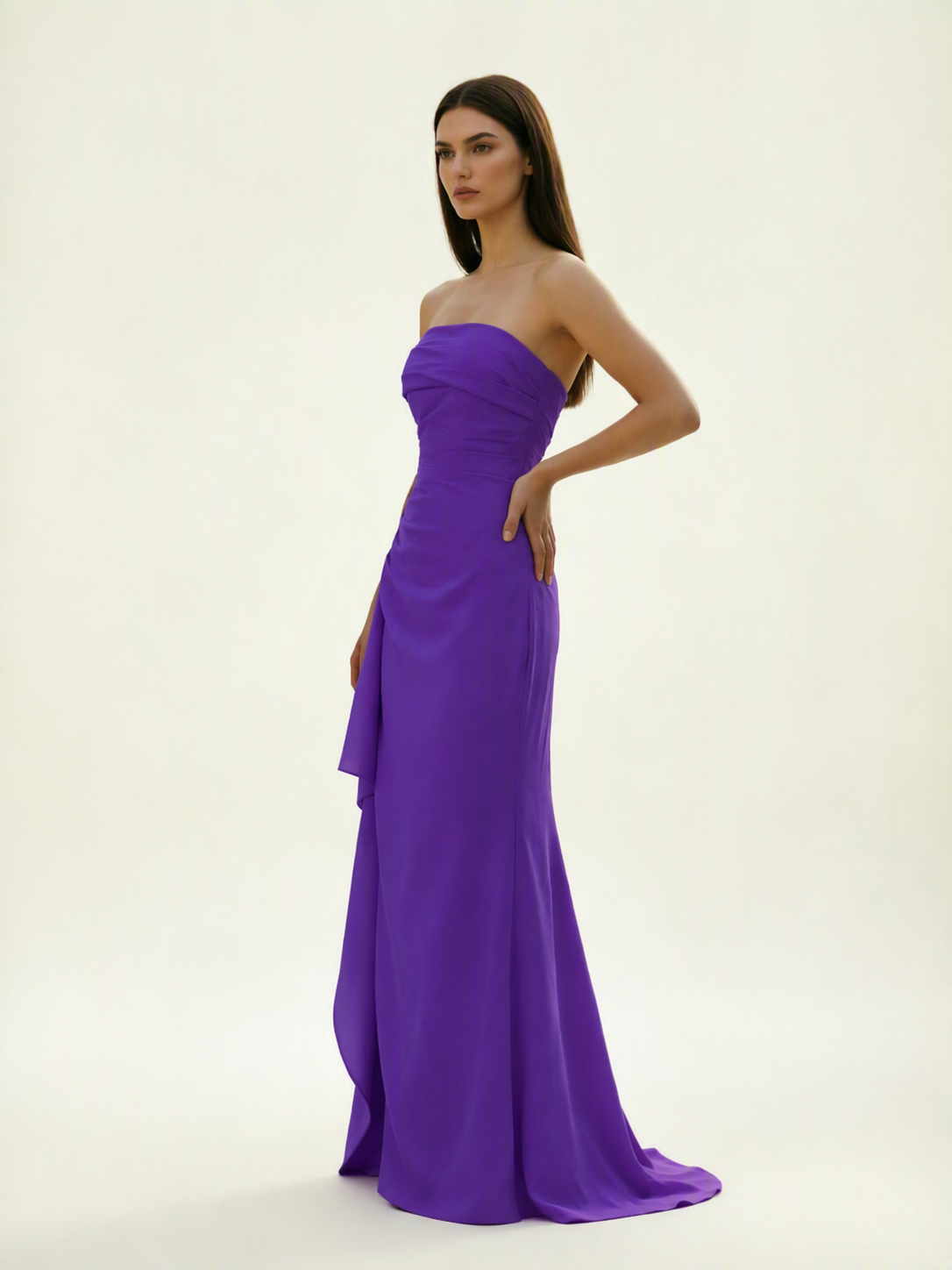 Strapless Mermaid Formal Gown with Side Slit & Draped Detail