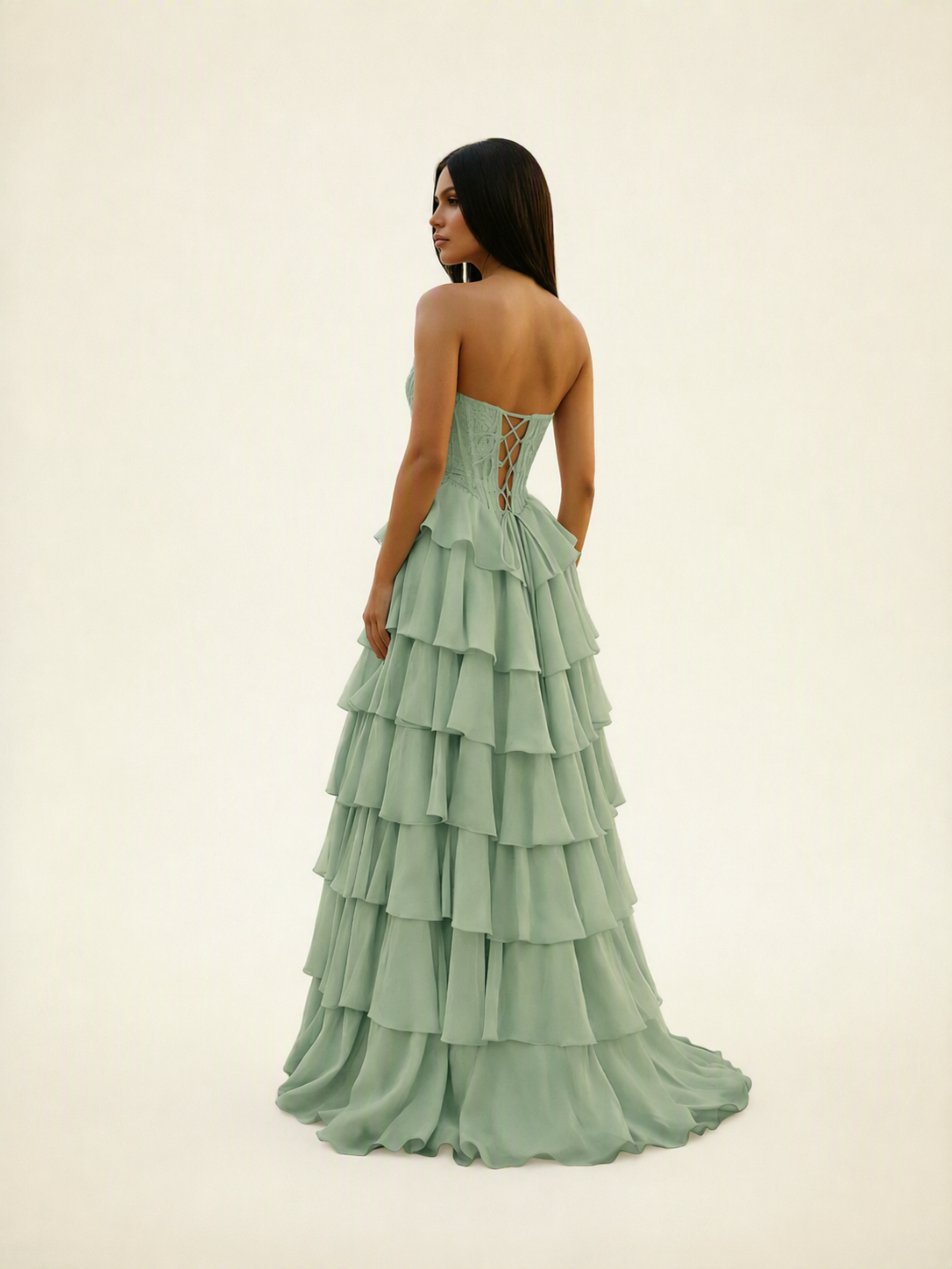 Strapless Lace Corset Tiered High Slit Prom Dress
