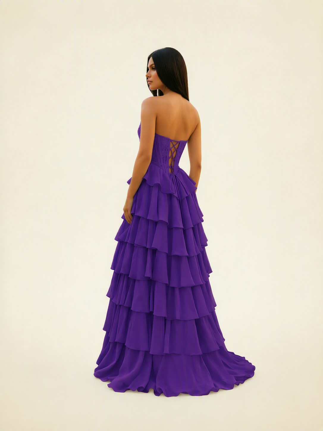 Strapless Lace Corset Tiered High Slit Prom Dress
