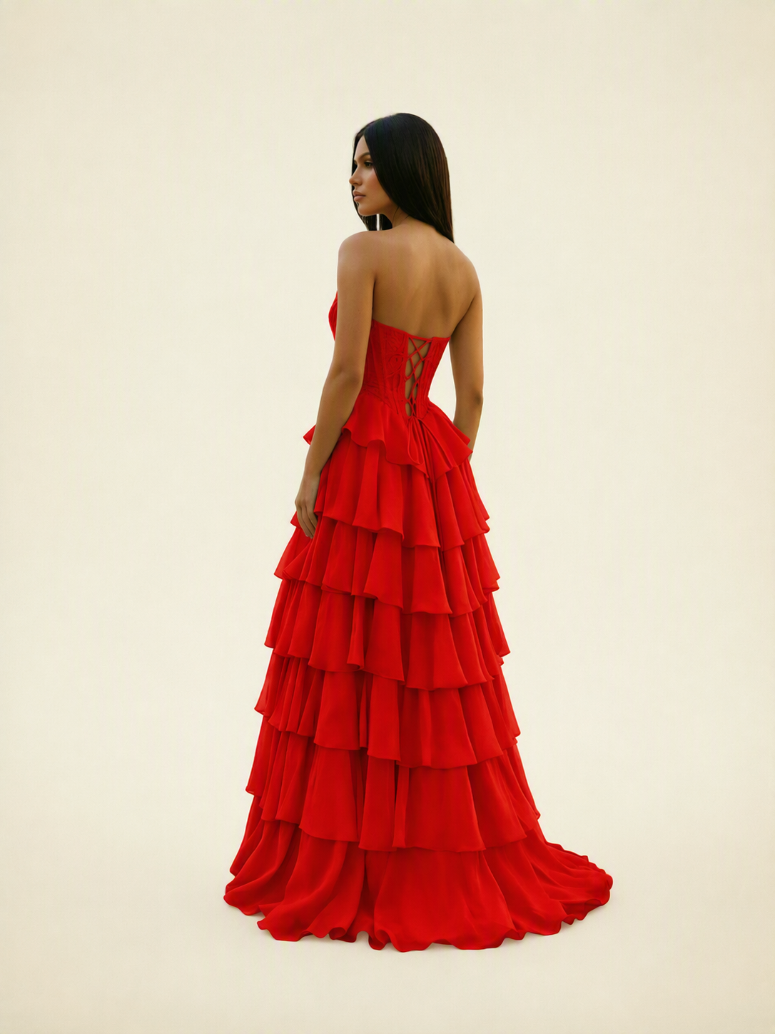 Strapless Lace Corset Tiered High Slit Prom Dress