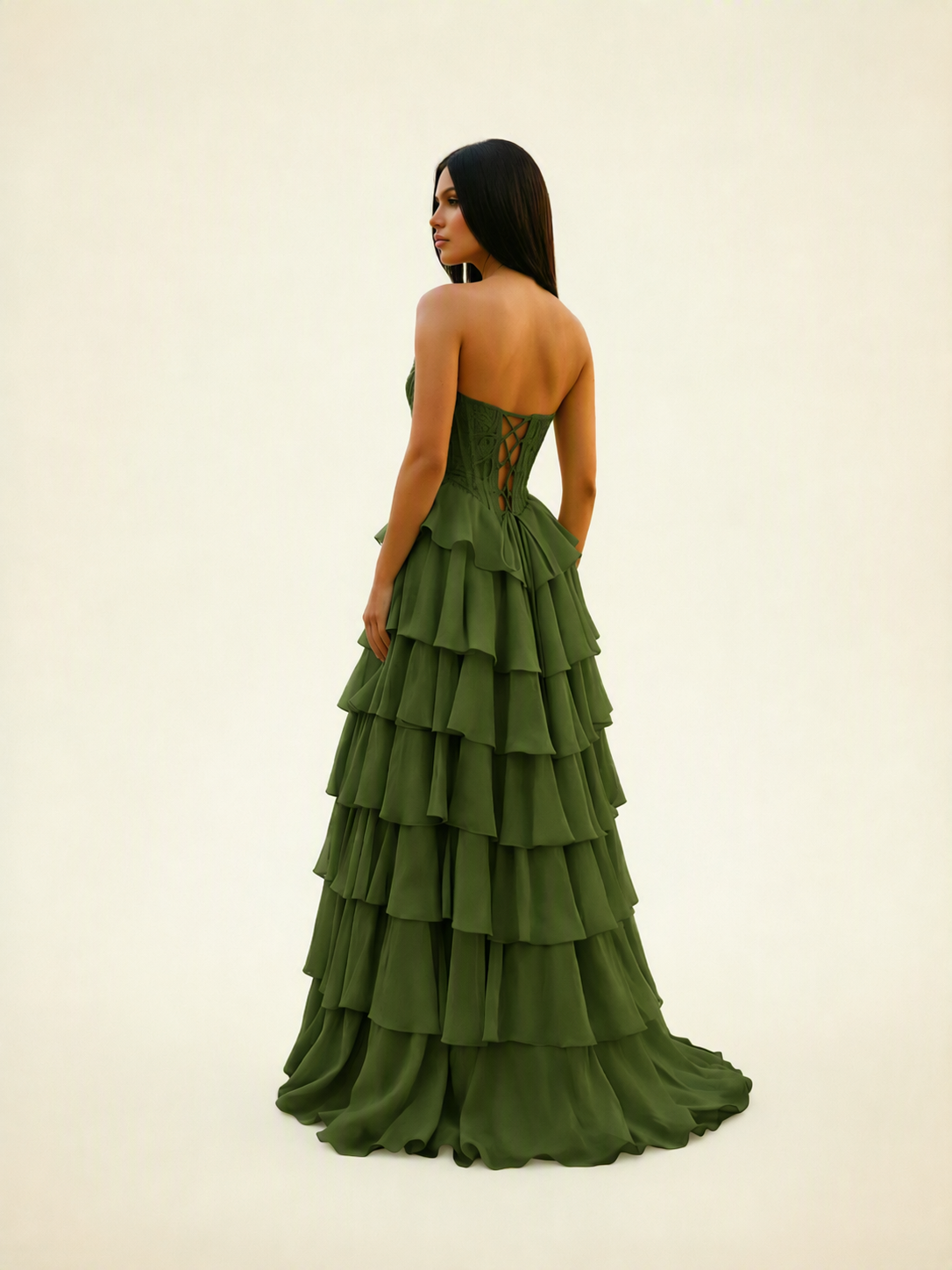Strapless Lace Corset Tiered High Slit Prom Dress