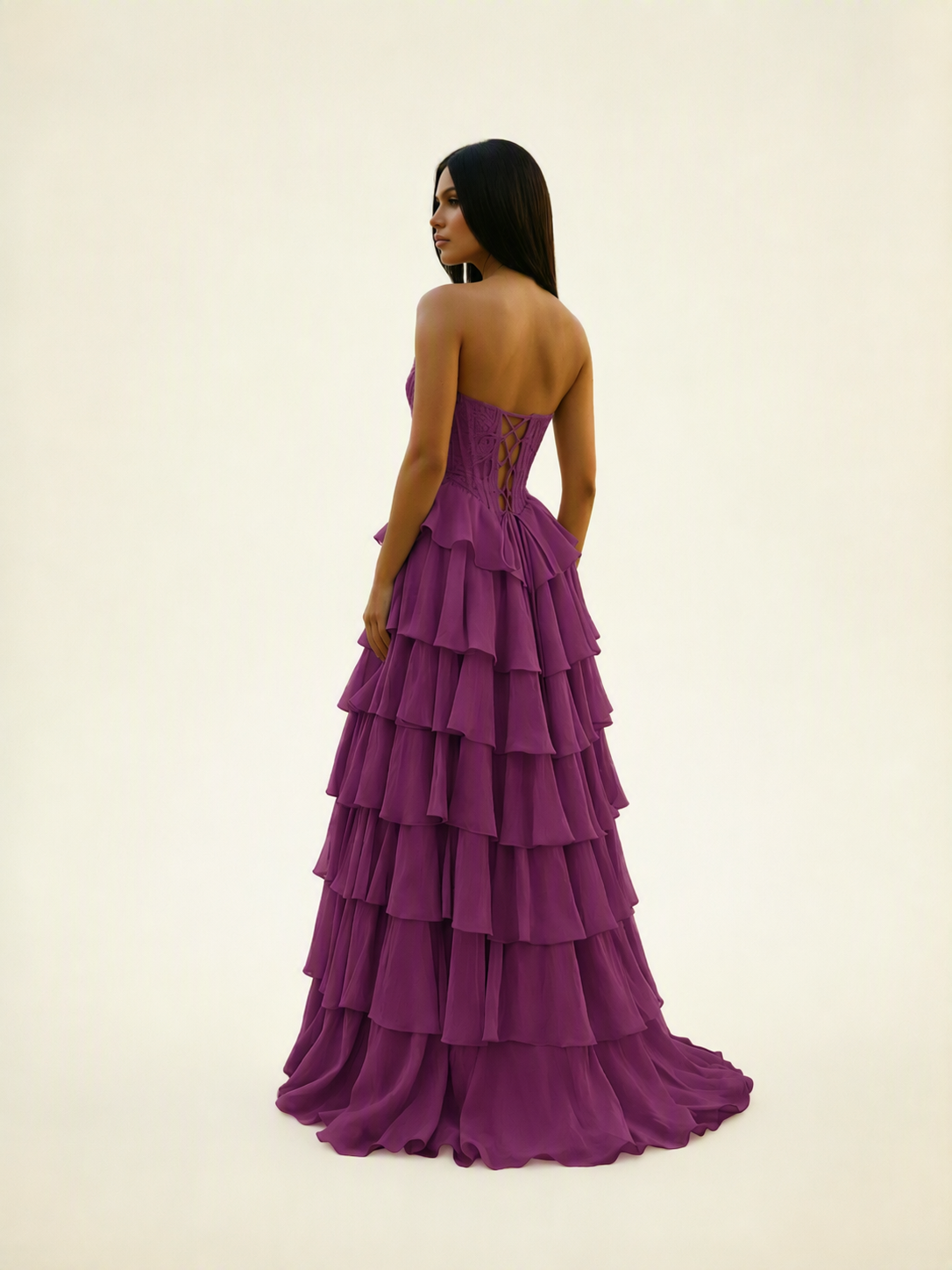 Strapless Lace Corset Tiered High Slit Prom Dress