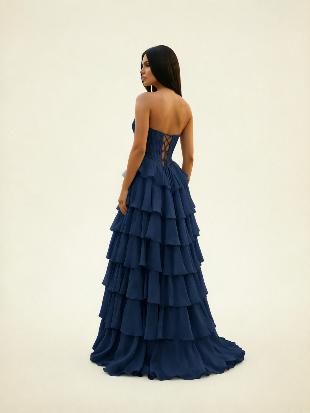Strapless Lace Corset Tiered High Slit Prom Dress