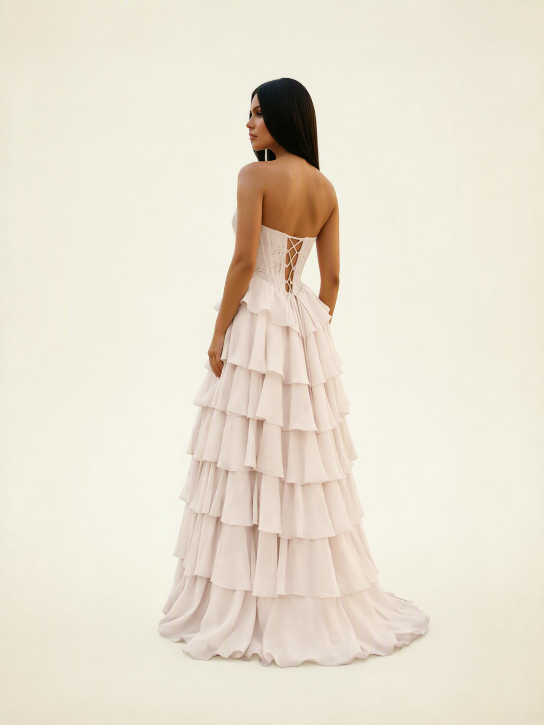 Strapless Lace Corset Tiered High Slit Prom Dress