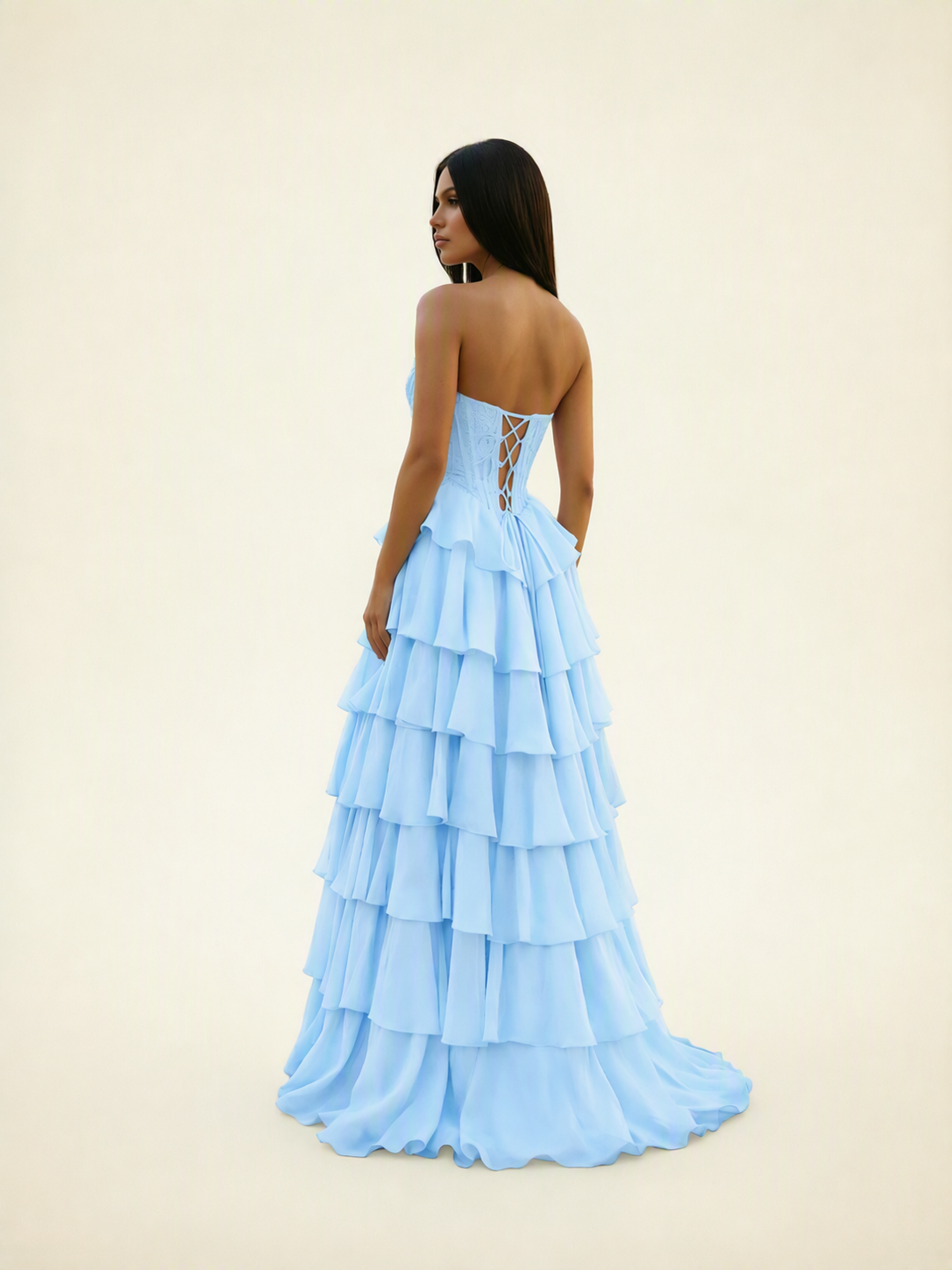 Strapless Lace Corset Tiered High Slit Prom Dress