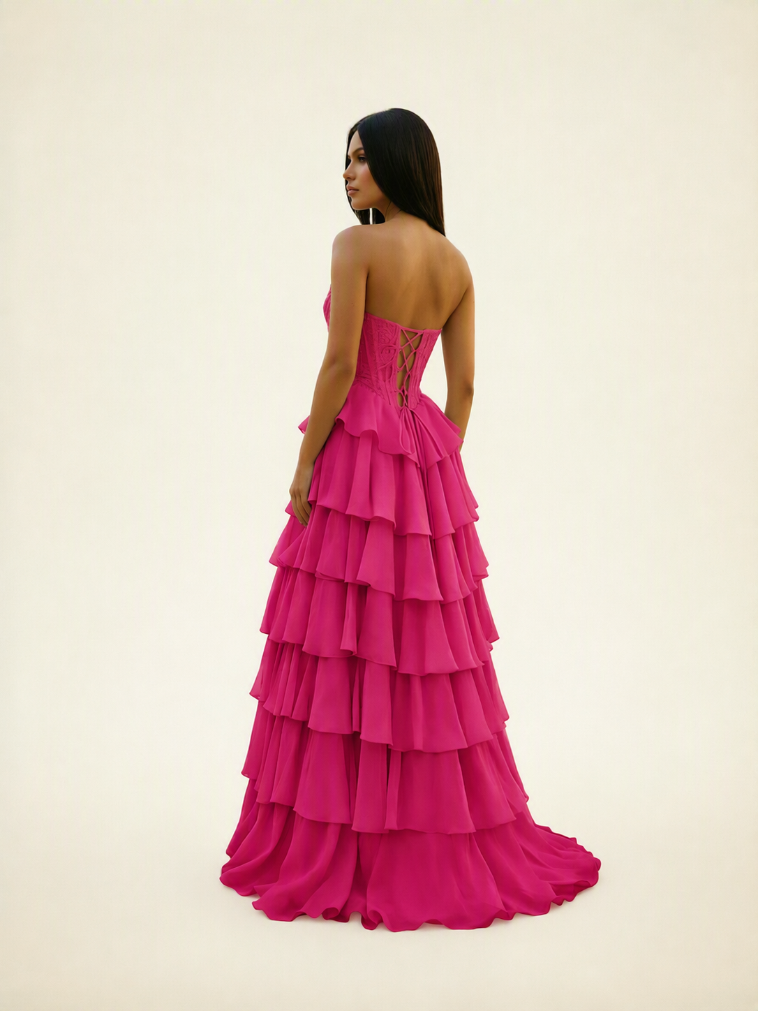 Strapless Lace Corset Tiered High Slit Prom Dress