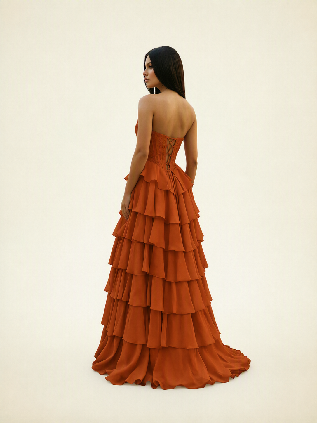 Strapless Lace Corset Tiered High Slit Prom Dress