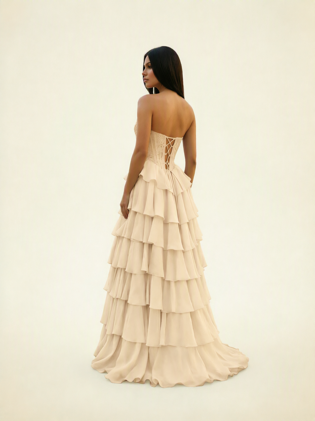 Strapless Lace Corset Tiered High Slit Prom Dress