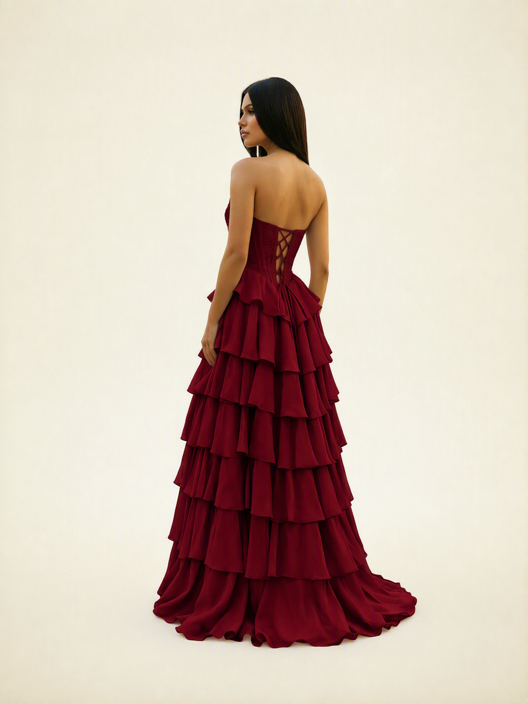 Strapless Lace Corset Tiered High Slit Prom Dress