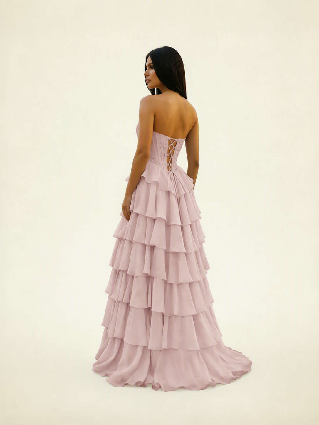 Strapless Lace Corset Tiered High Slit Prom Dress