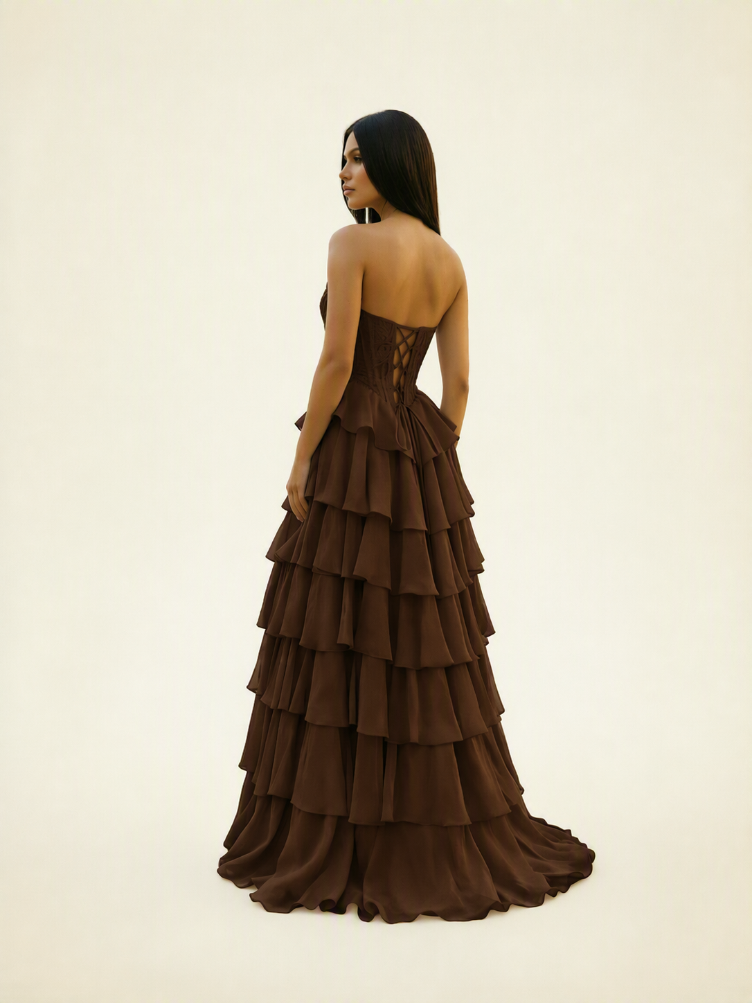 Strapless Lace Corset Tiered High Slit Prom Dress