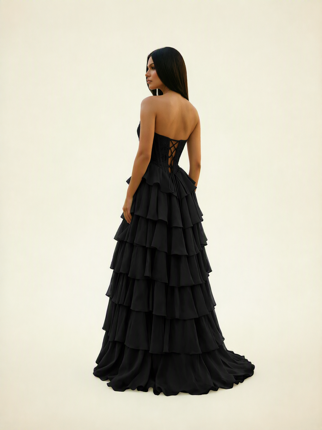 Strapless Lace Corset Tiered High Slit Prom Dress