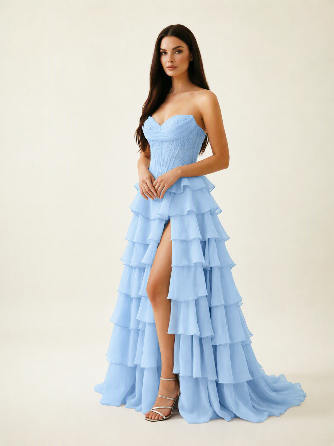 Strapless Lace Corset Tiered High Slit Prom Dress