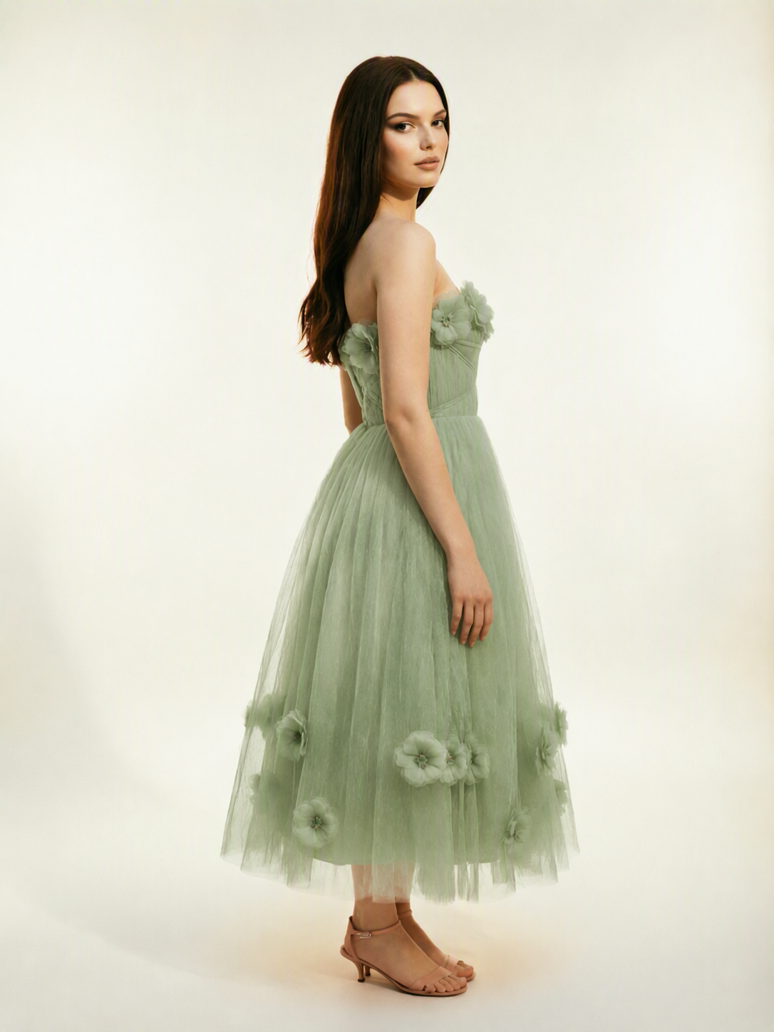 Strapless Tulle Midi Dress with 3D Floral Appliqués, Lace-Up Corset Back