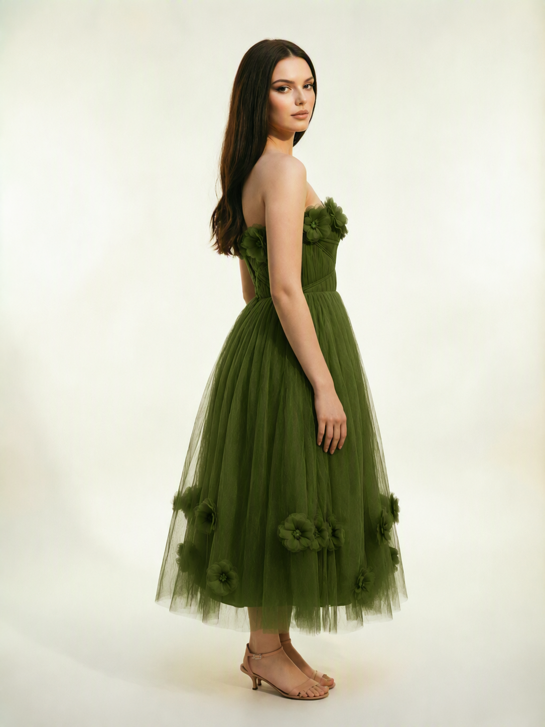 Strapless Tulle Midi Dress with 3D Floral Appliqués, Lace-Up Corset Back