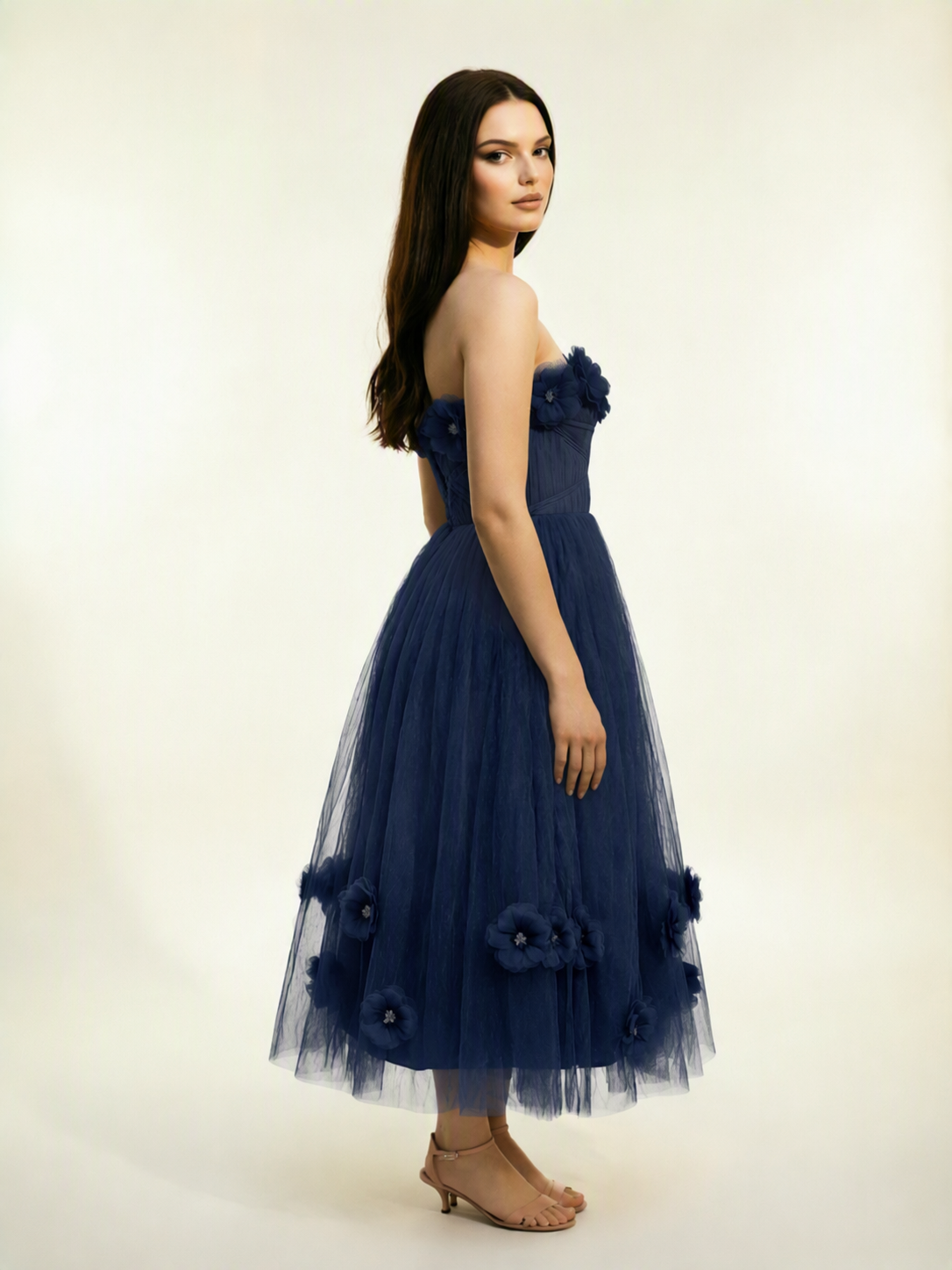 Strapless Tulle Midi Dress with 3D Floral Appliqués, Lace-Up Corset Back
