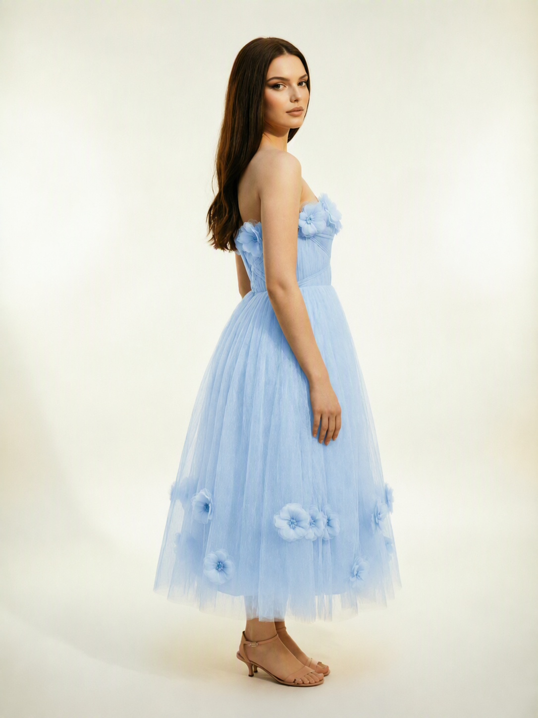 Strapless Tulle Midi Dress with 3D Floral Appliqués, Lace-Up Corset Back