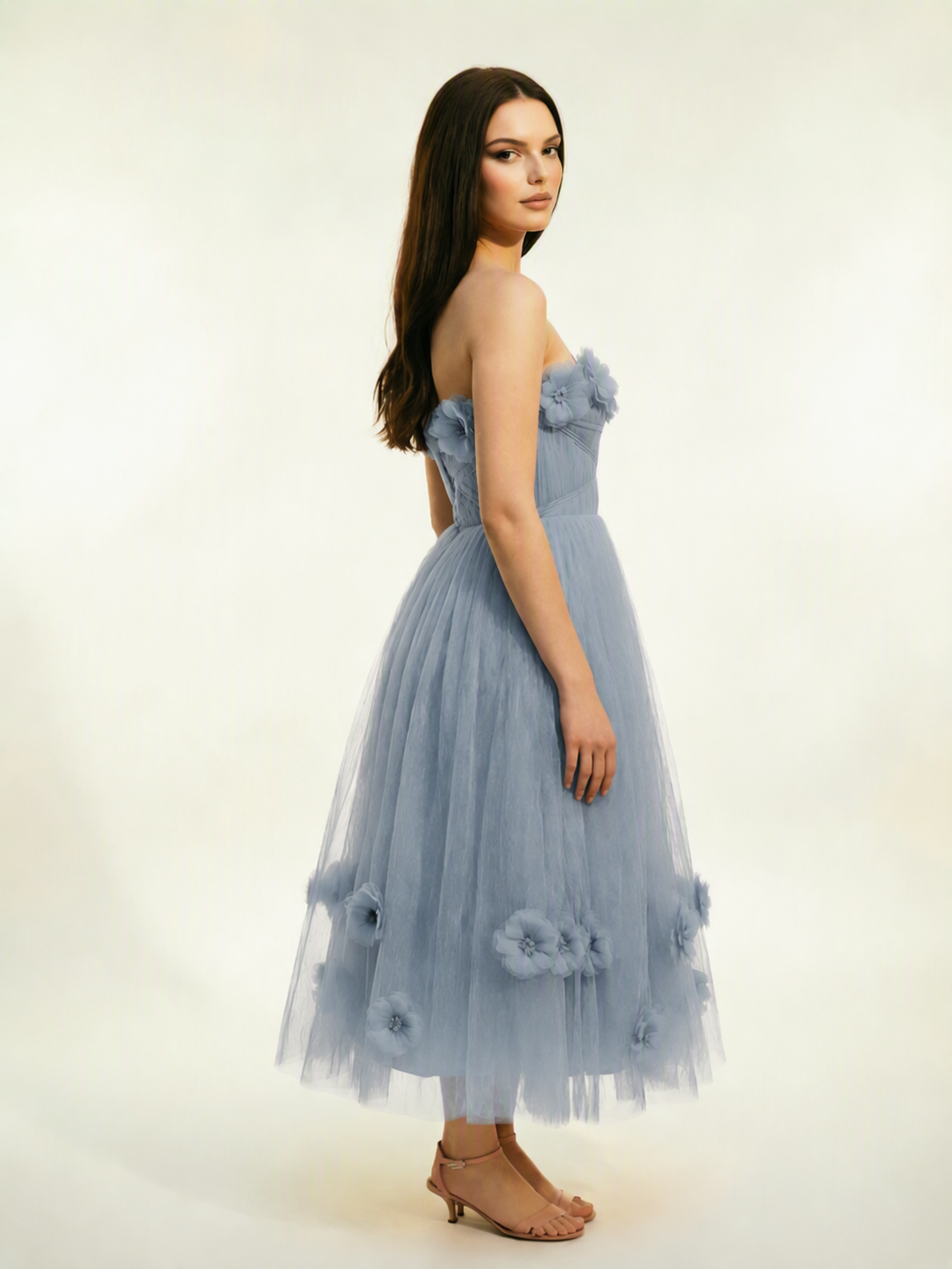 Strapless Tulle Midi Dress with 3D Floral Appliqués, Lace-Up Corset Back