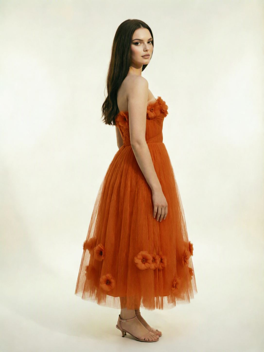 Strapless Tulle Midi Dress with 3D Floral Appliqués, Lace-Up Corset Back