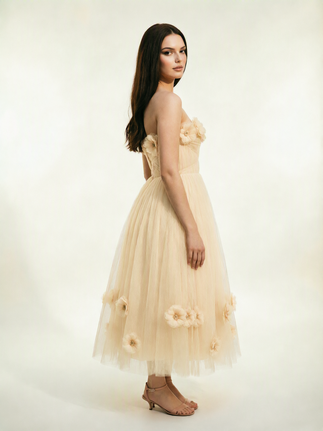 Strapless Tulle Midi Dress with 3D Floral Appliqués, Lace-Up Corset Back