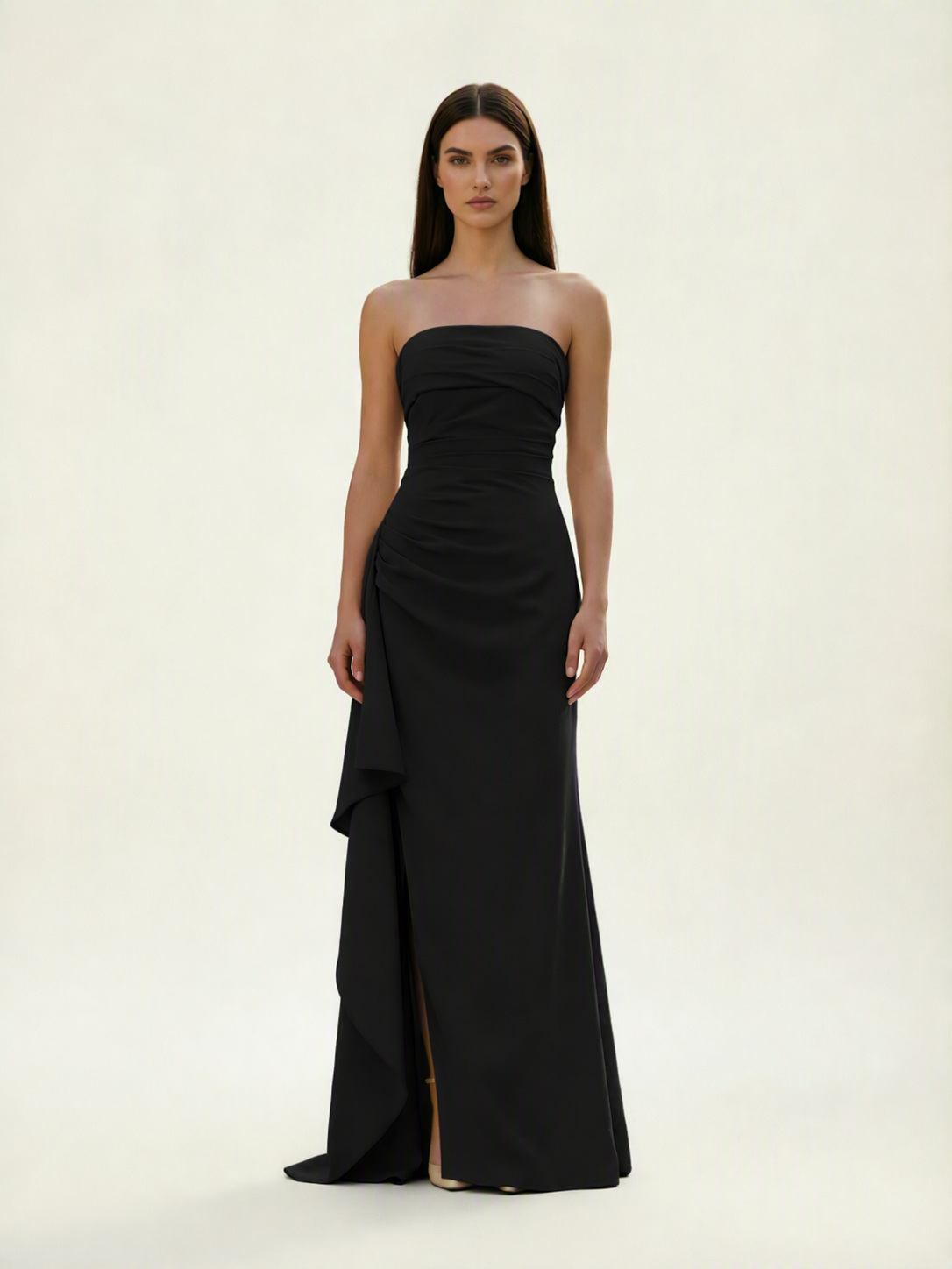 Strapless Mermaid Formal Gown with Side Slit & Draped Detail
