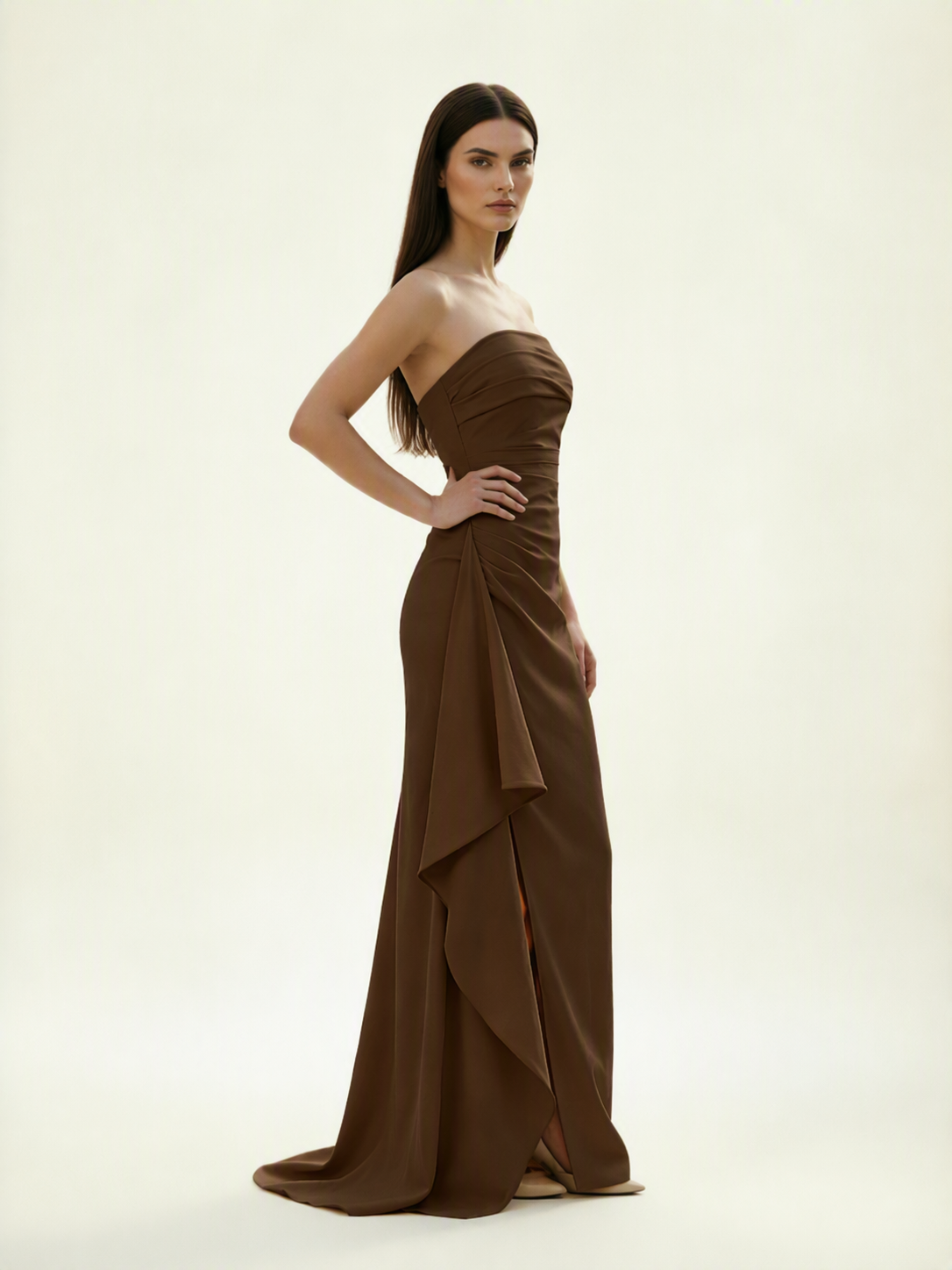 Strapless Mermaid Formal Gown with Side Slit & Draped Detail