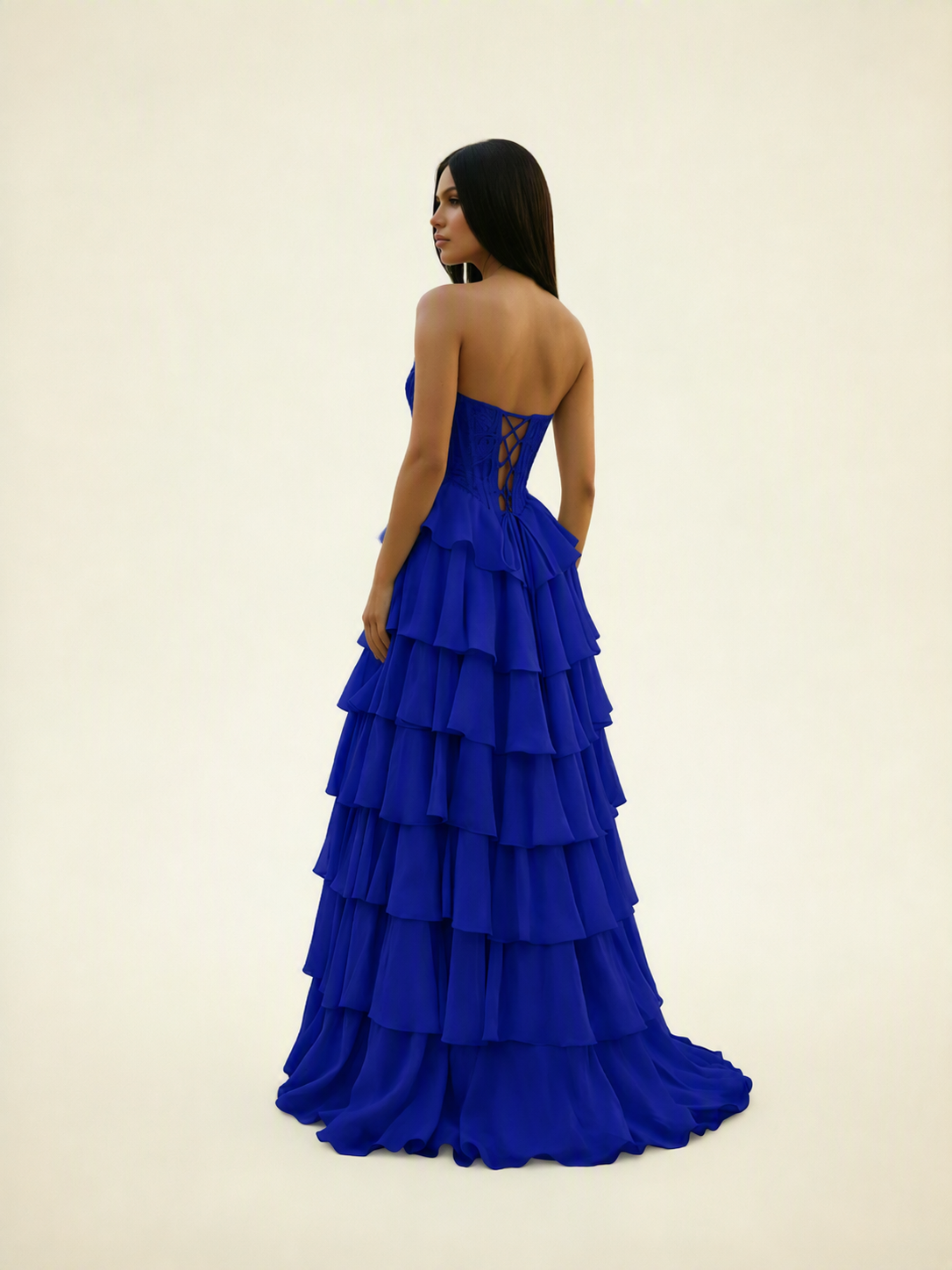 Strapless Lace Corset Tiered High Slit Prom Dress