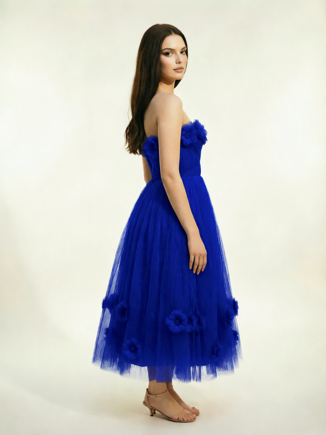 Strapless Tulle Midi Dress with 3D Floral Appliqués, Lace-Up Corset Back