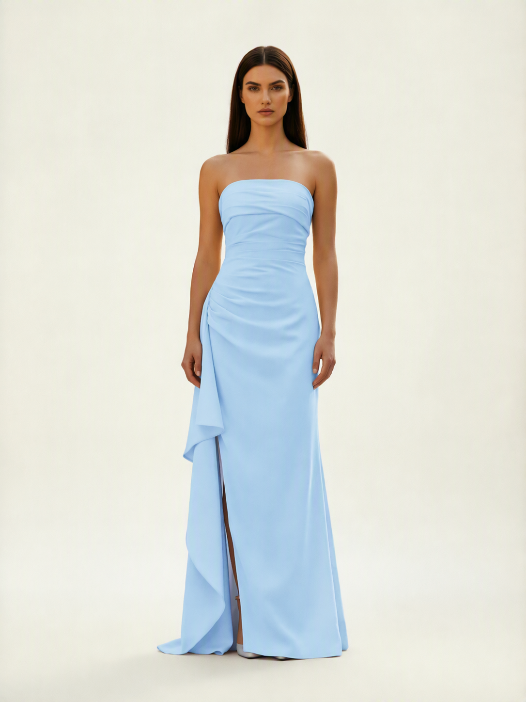 Strapless Mermaid Formal Gown with Side Slit & Draped Detail