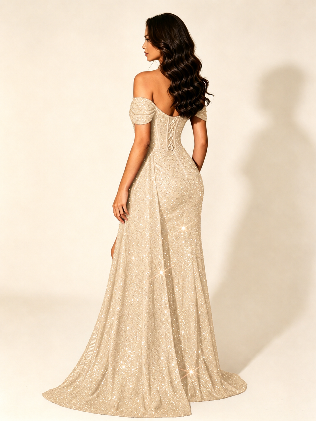 Off Shoulder Sequin High Slit Formal Dress with Train
