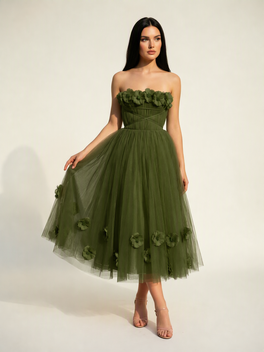 Strapless Tulle Midi Dress with 3D Floral Appliqués, Lace-Up Corset Back