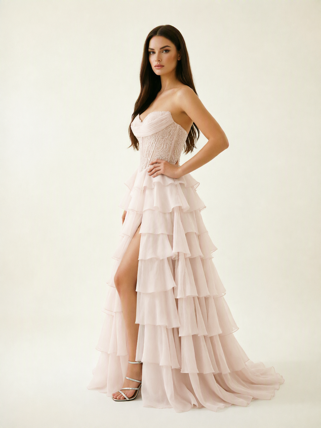 Strapless Lace Corset Tiered High Slit Prom Dress