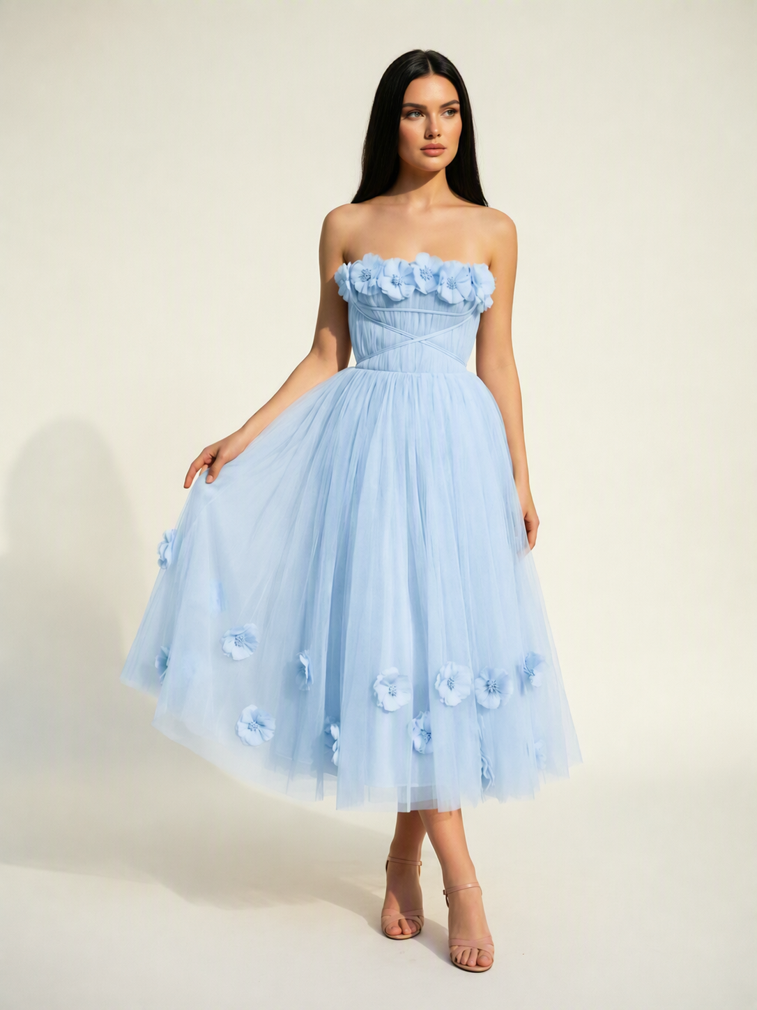 Strapless Tulle Midi Dress with 3D Floral Appliqués, Lace-Up Corset Back