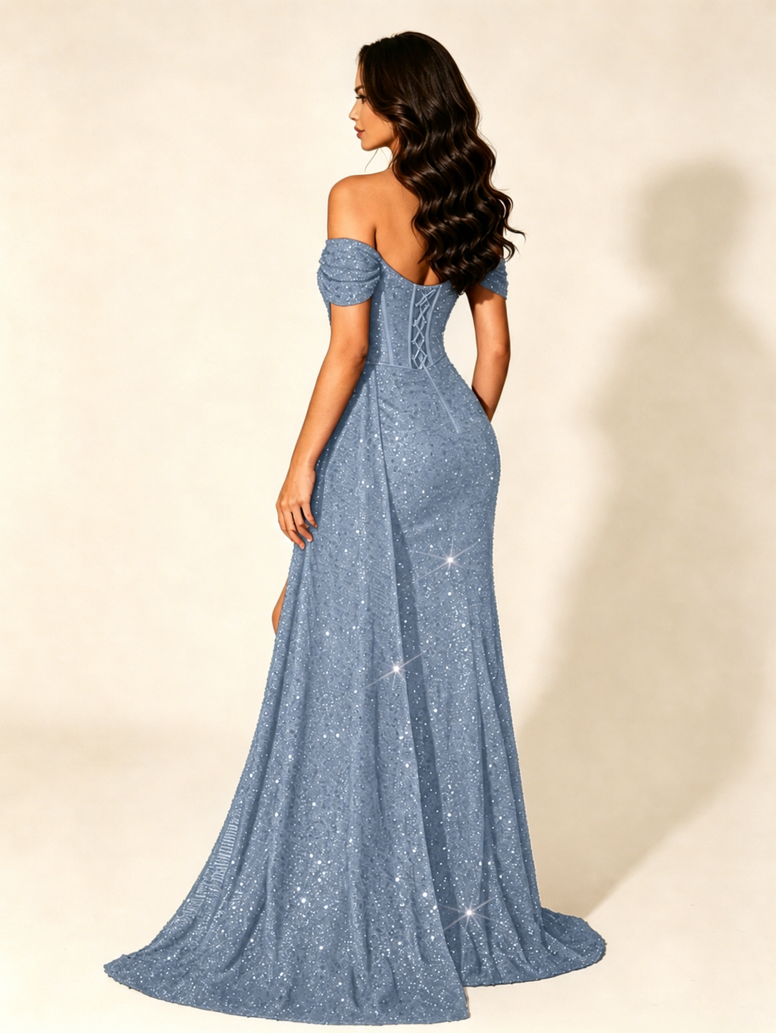 Off Shoulder Sequin High Slit Formal Dress with Train