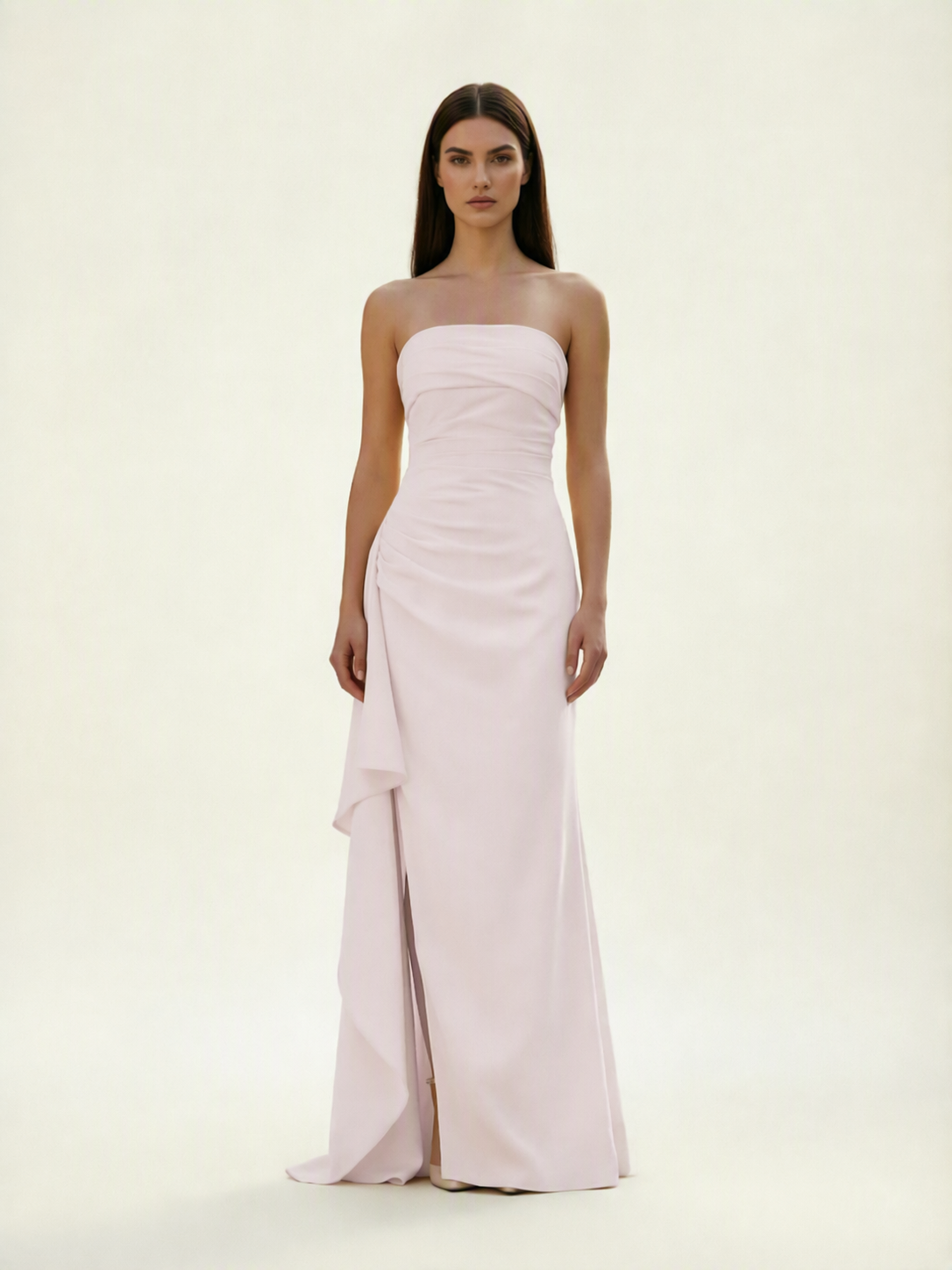Strapless Mermaid Formal Gown with Side Slit & Draped Detail