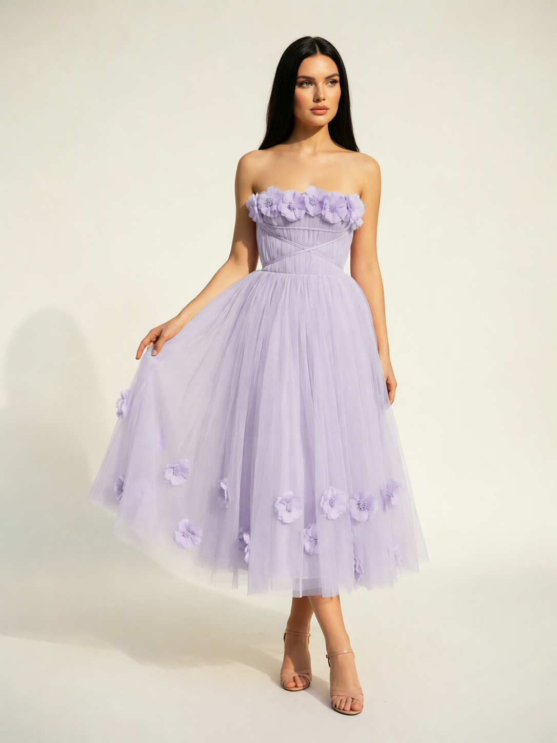 Strapless Tulle Midi Dress with 3D Floral Appliqués, Lace-Up Corset Back