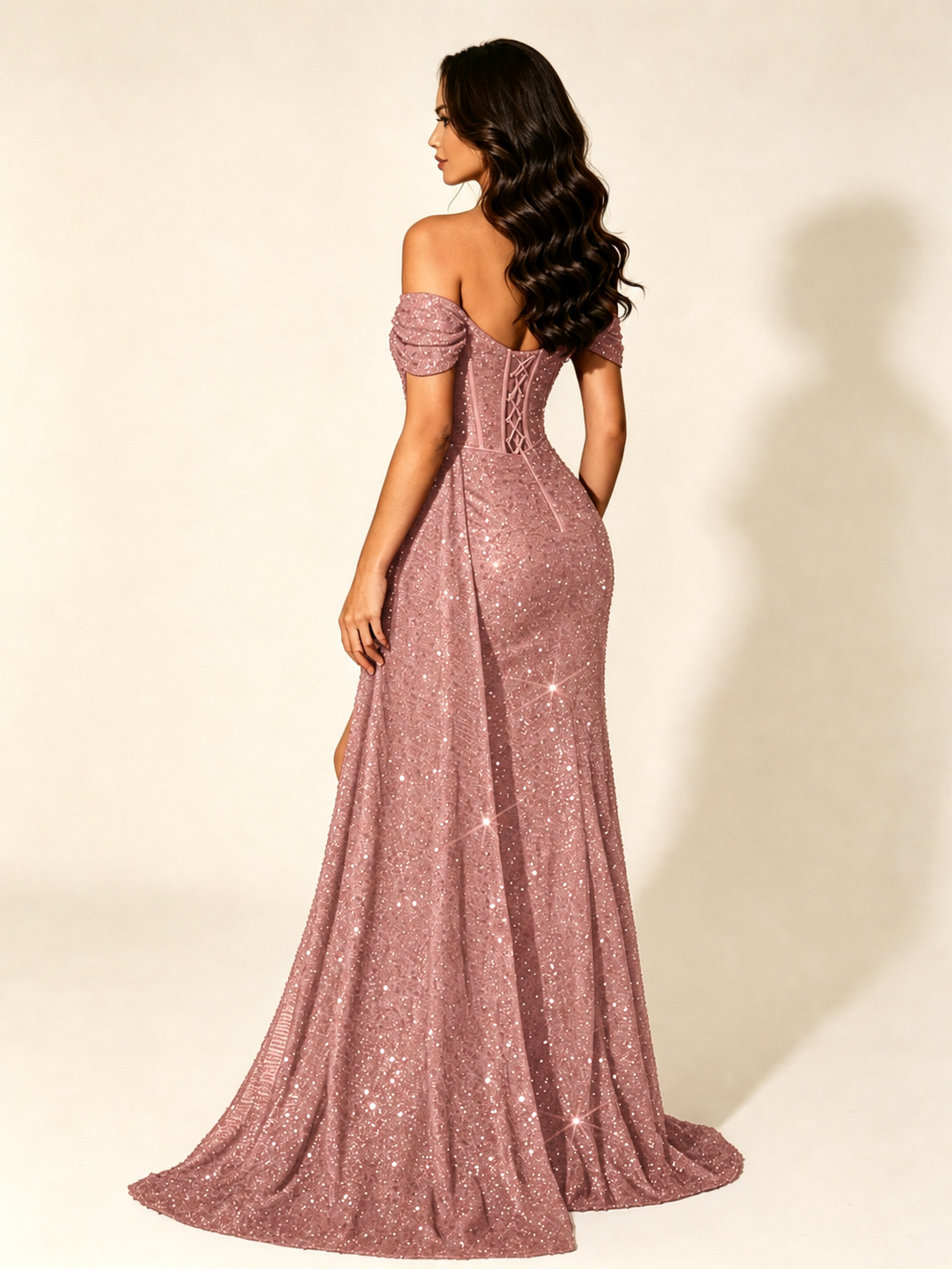 Off Shoulder Sequin High Slit Formal Dress with Train
