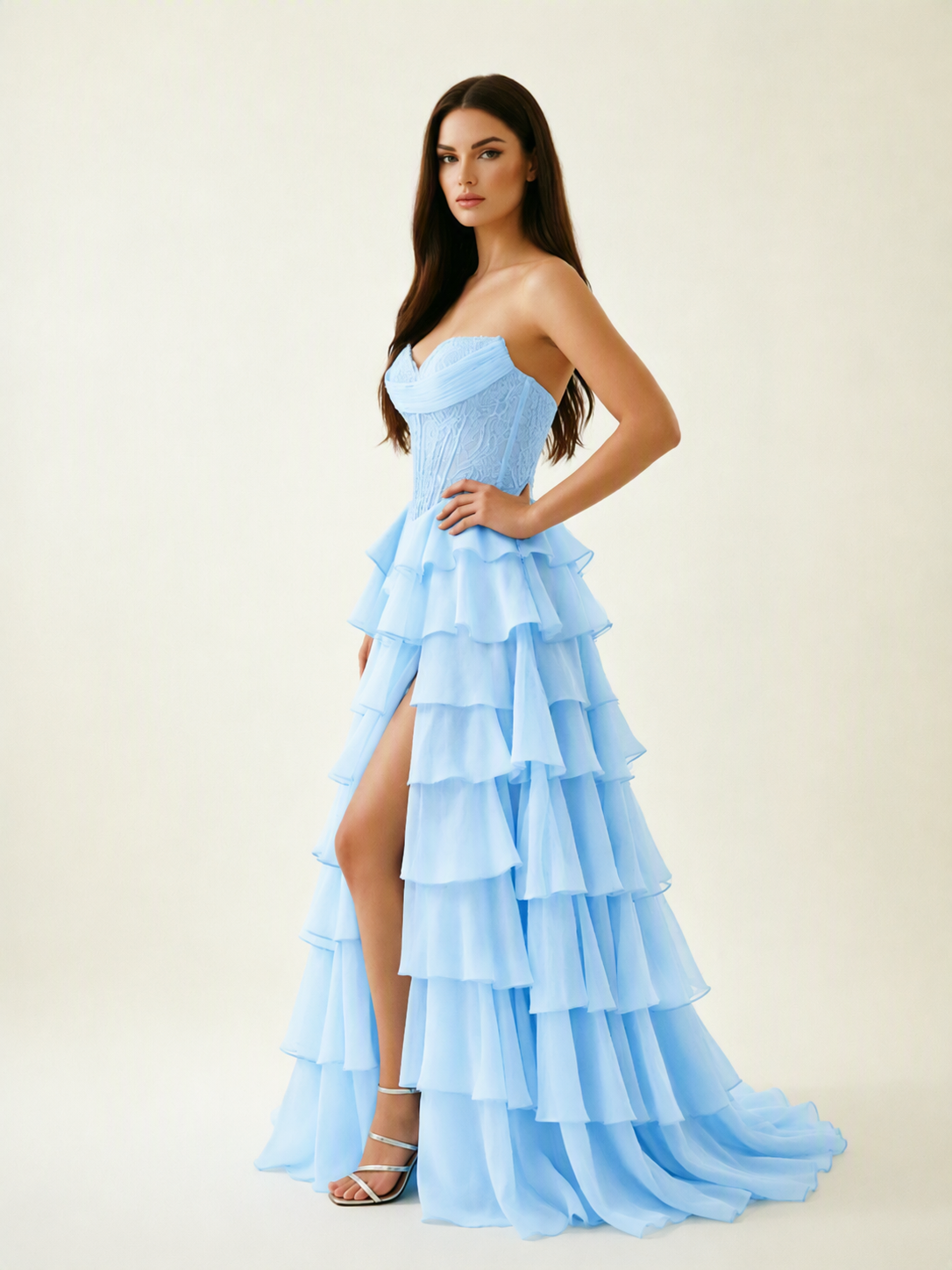 Strapless Lace Corset Tiered High Slit Prom Dress