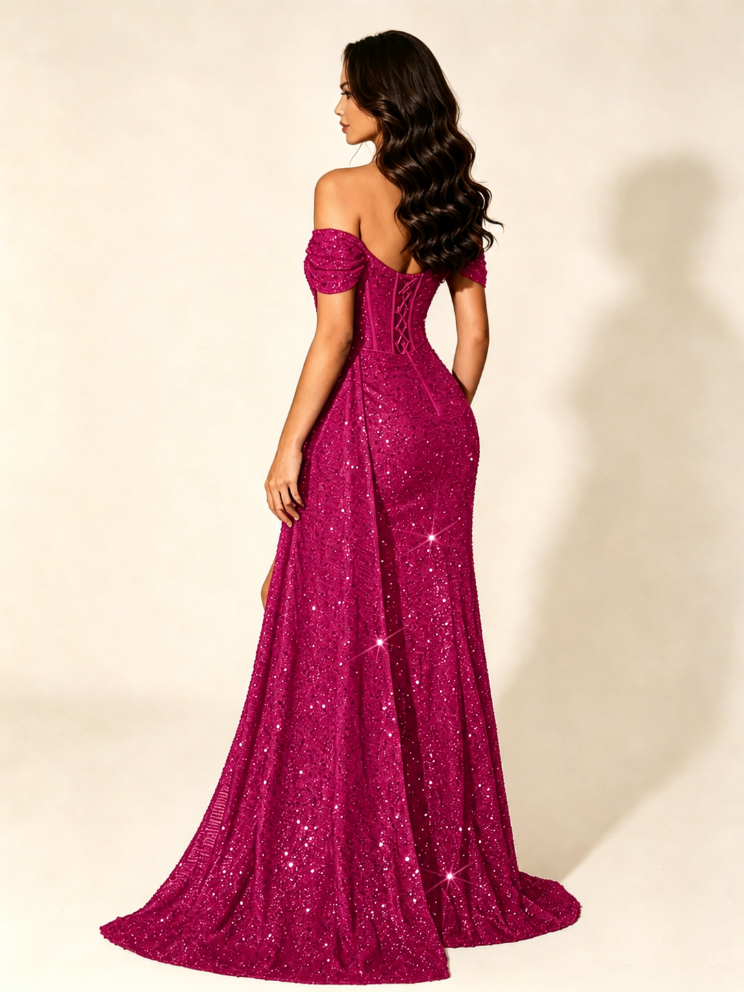 Off Shoulder Sequin High Slit Formal Dress with Train