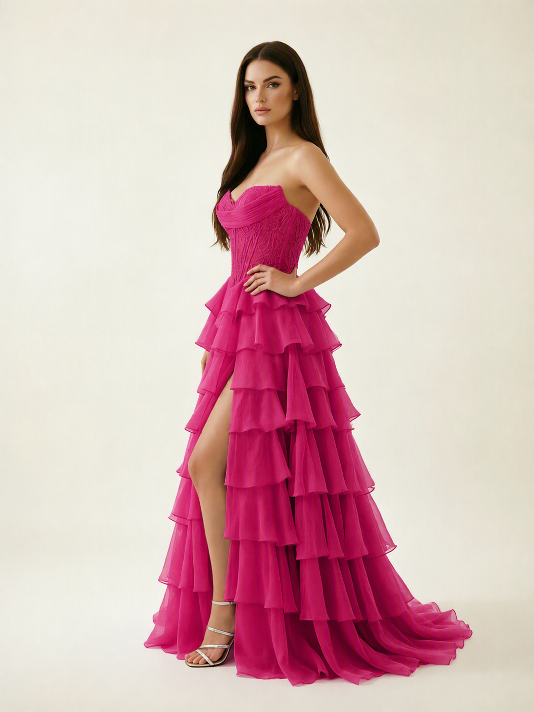 Strapless Lace Corset Tiered High Slit Prom Dress