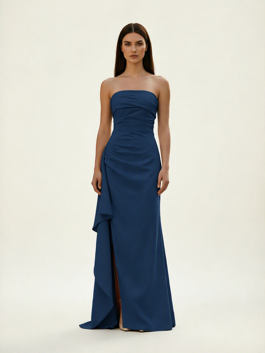 Strapless Mermaid Formal Gown with Side Slit & Draped Detail