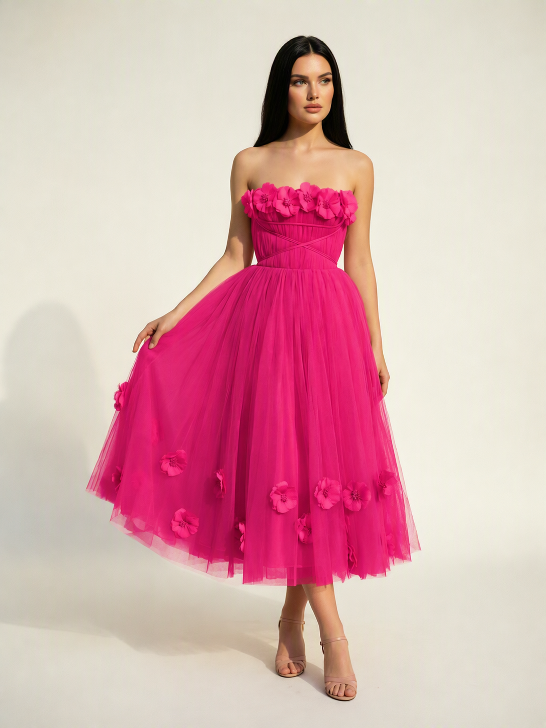 Strapless Tulle Midi Dress with 3D Floral Appliqués, Lace-Up Corset Back