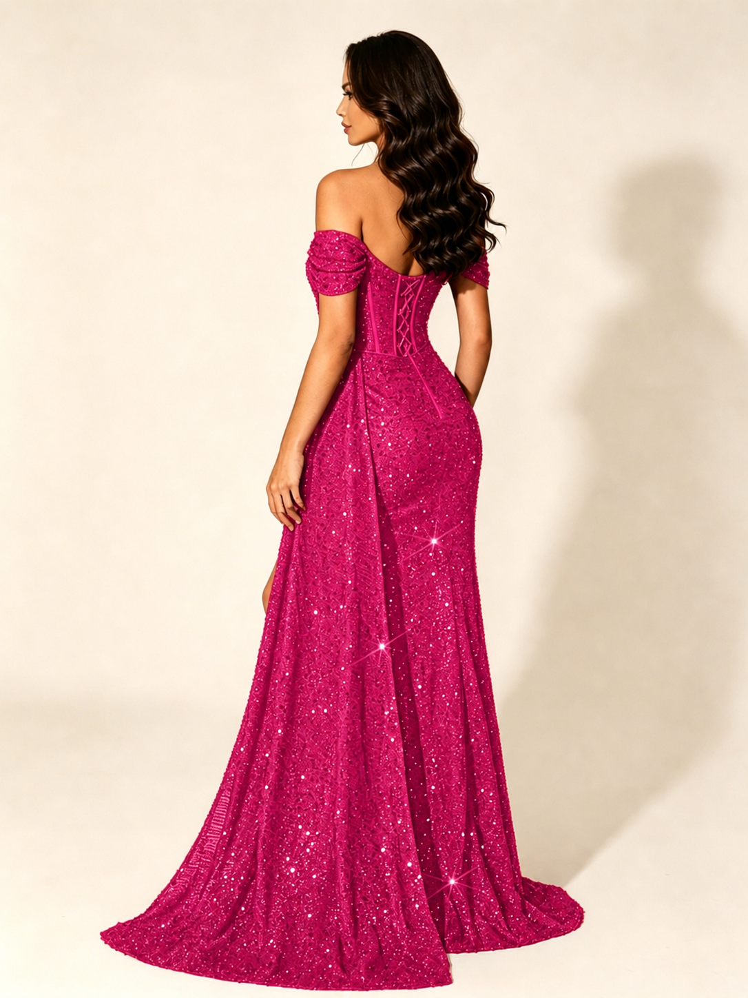 Off Shoulder Sequin High Slit Formal Dress with Train