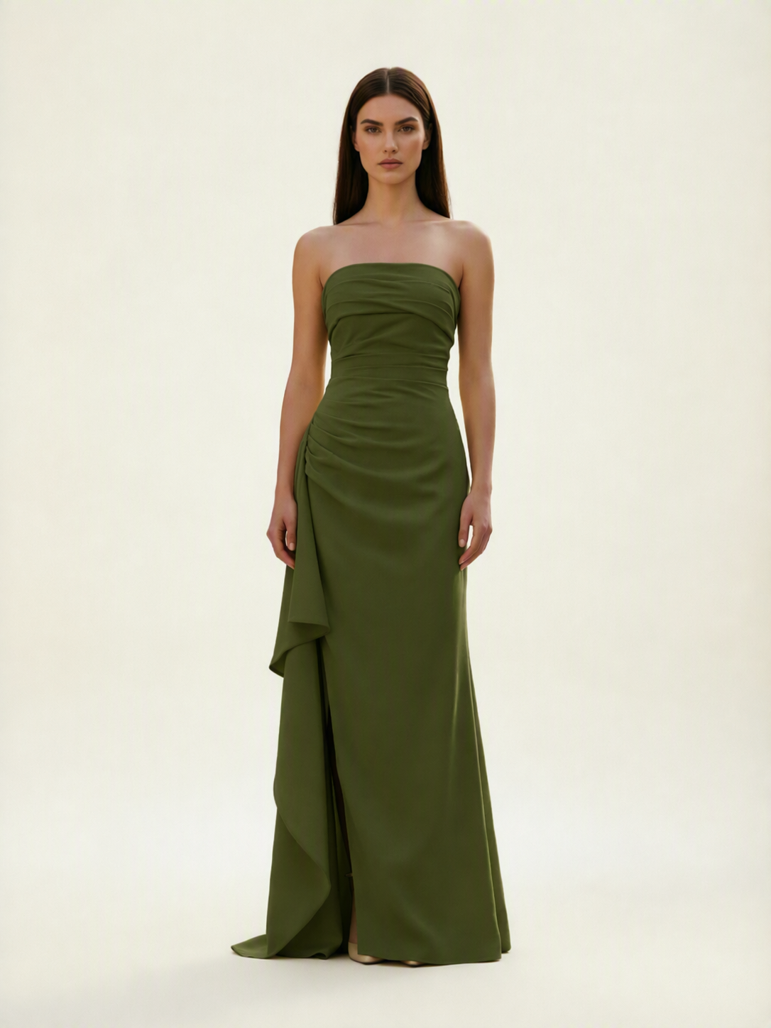 Strapless Mermaid Formal Gown with Side Slit & Draped Detail