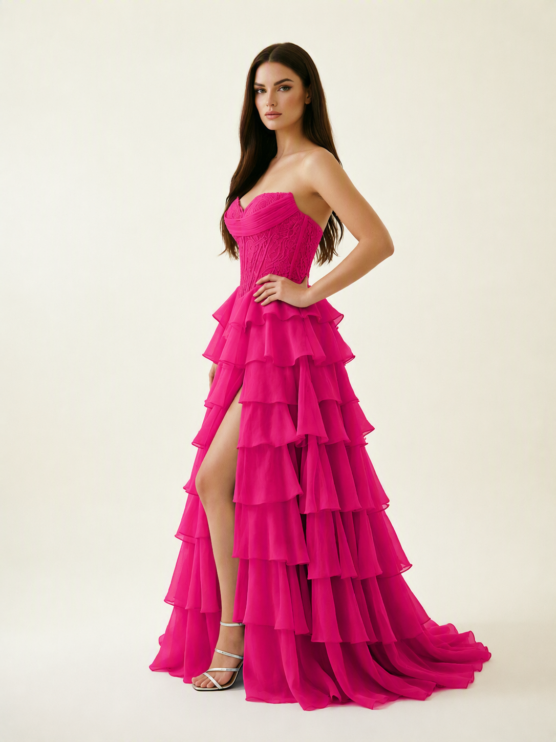 Strapless Lace Corset Tiered High Slit Prom Dress