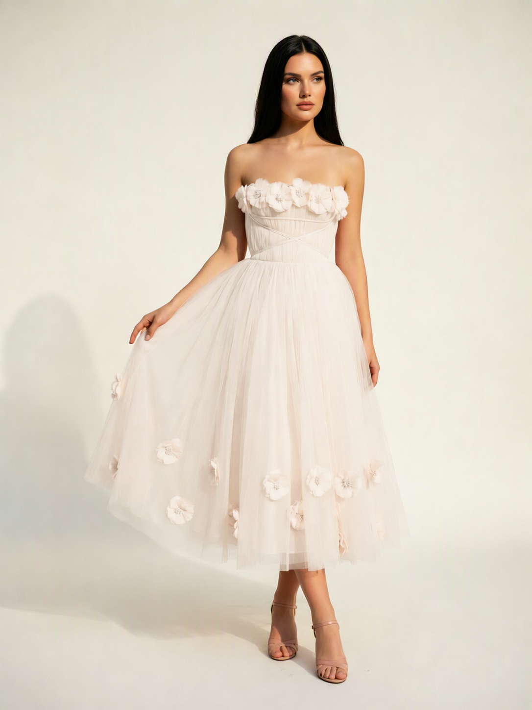Strapless Tulle Midi Dress with 3D Floral Appliqués, Lace-Up Corset Back