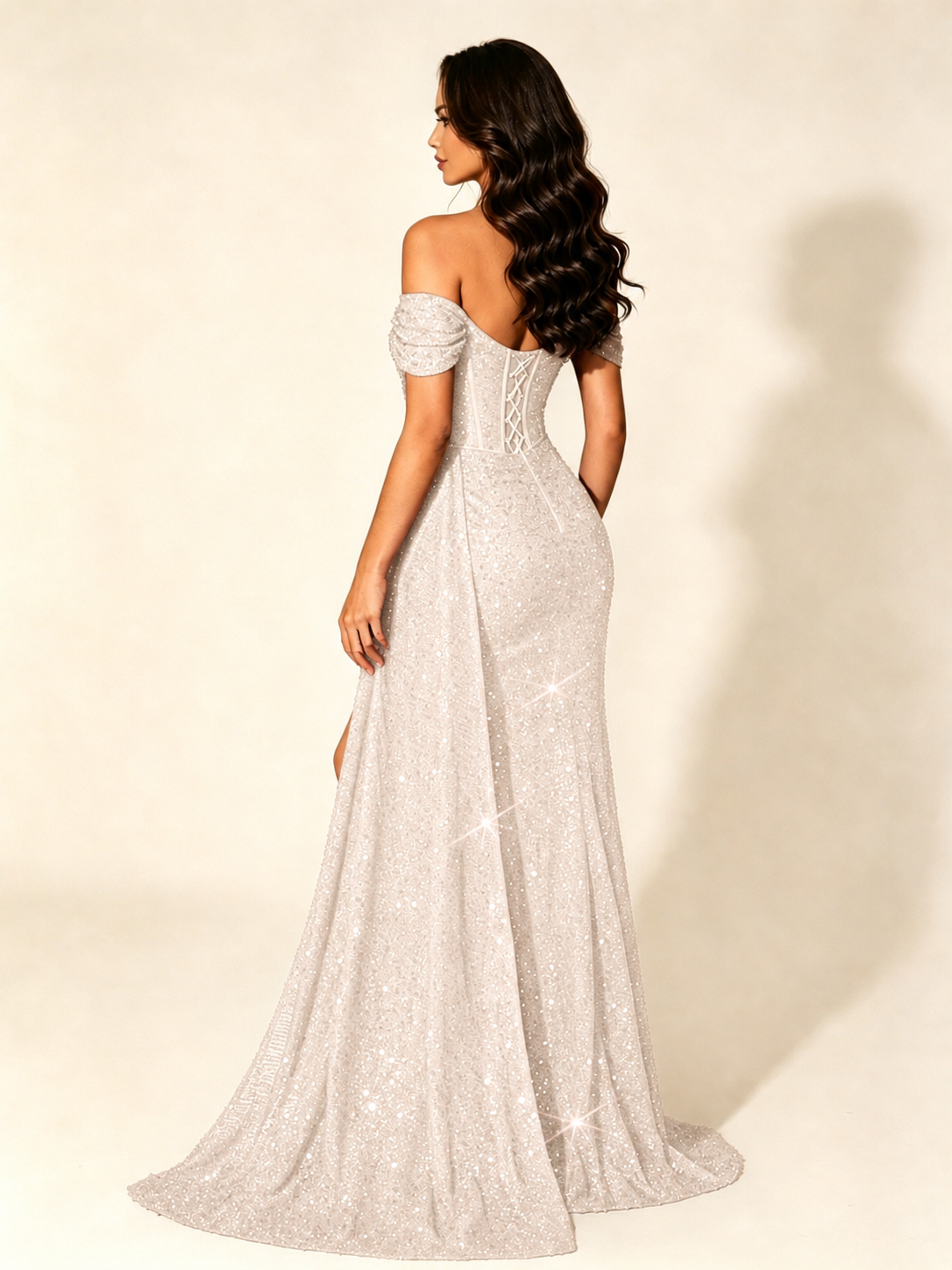 Off Shoulder Sequin High Slit Formal Dress with Train