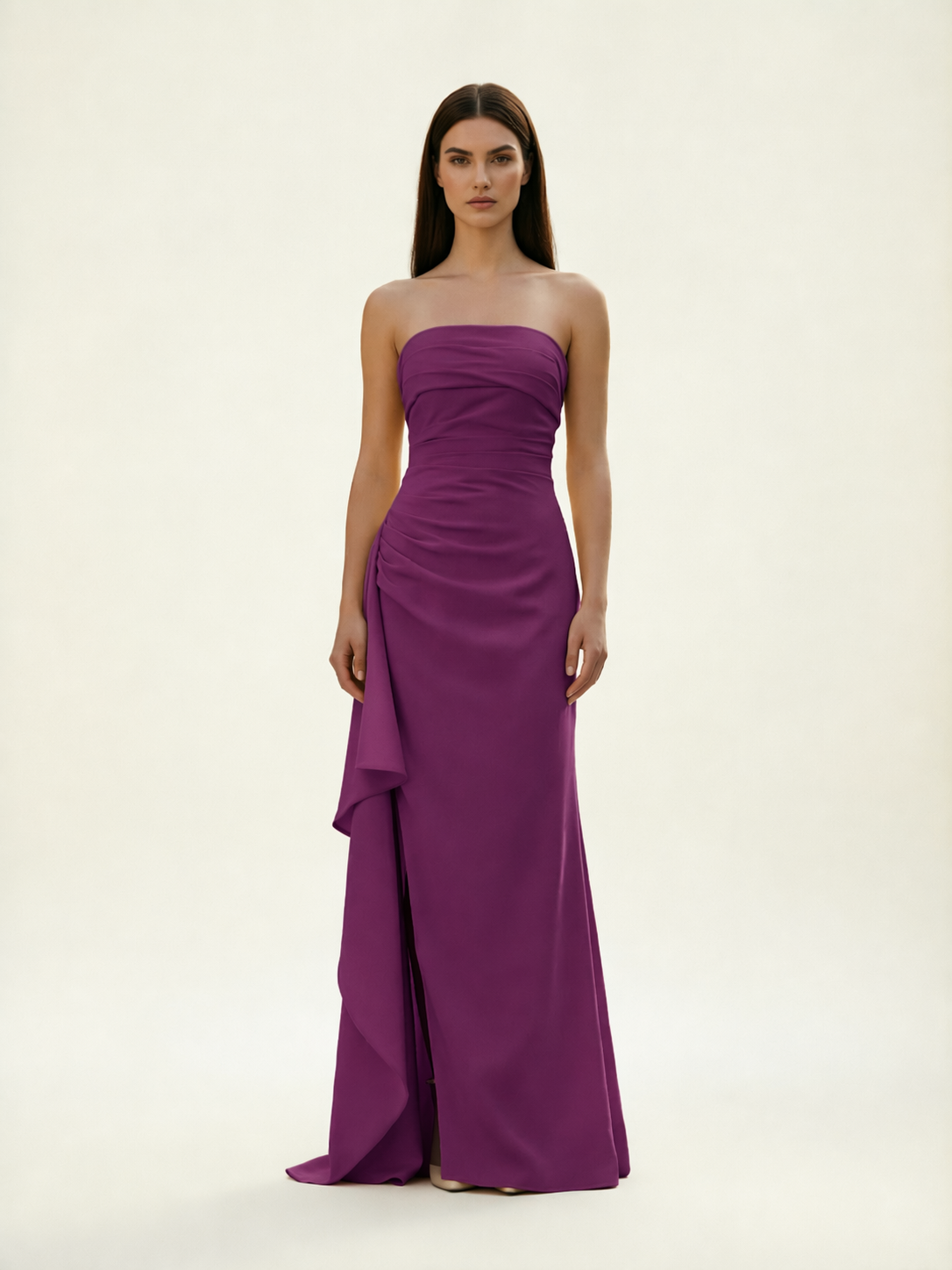 Strapless Mermaid Formal Gown with Side Slit & Draped Detail