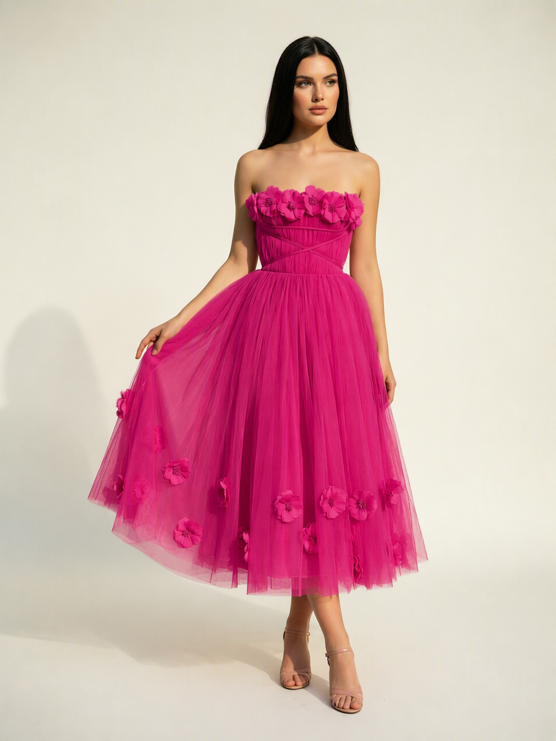 Strapless Tulle Midi Dress with 3D Floral Appliqués, Lace-Up Corset Back